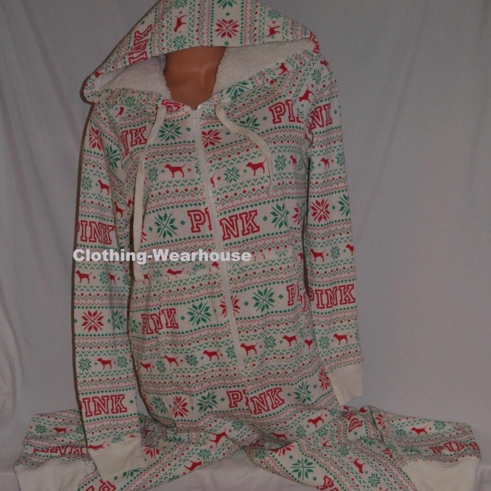Victoria's Secret pink Holiday Dog Red Sherpa Hooded Onesie Suit XS new